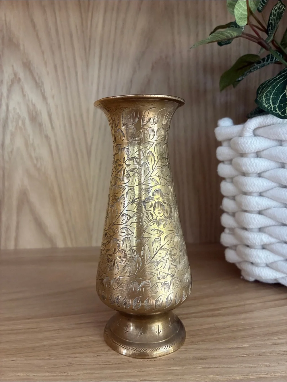 Vintage Brass Floral Etched Vase